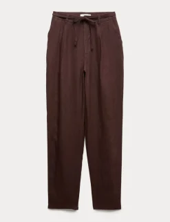 Pure Linen Pleat Front Belted Tapered Trousers