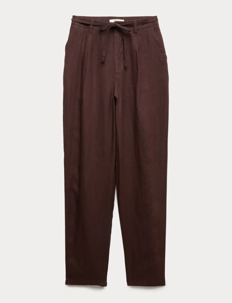 Pure Linen Pleat Front Belted Tapered Trousers