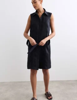 Pure Linen Pleated Knee Length Shirt Dress