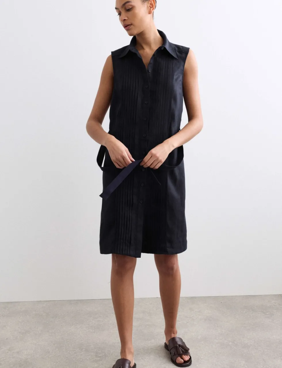Pure Linen Pleated Knee Length Shirt Dress