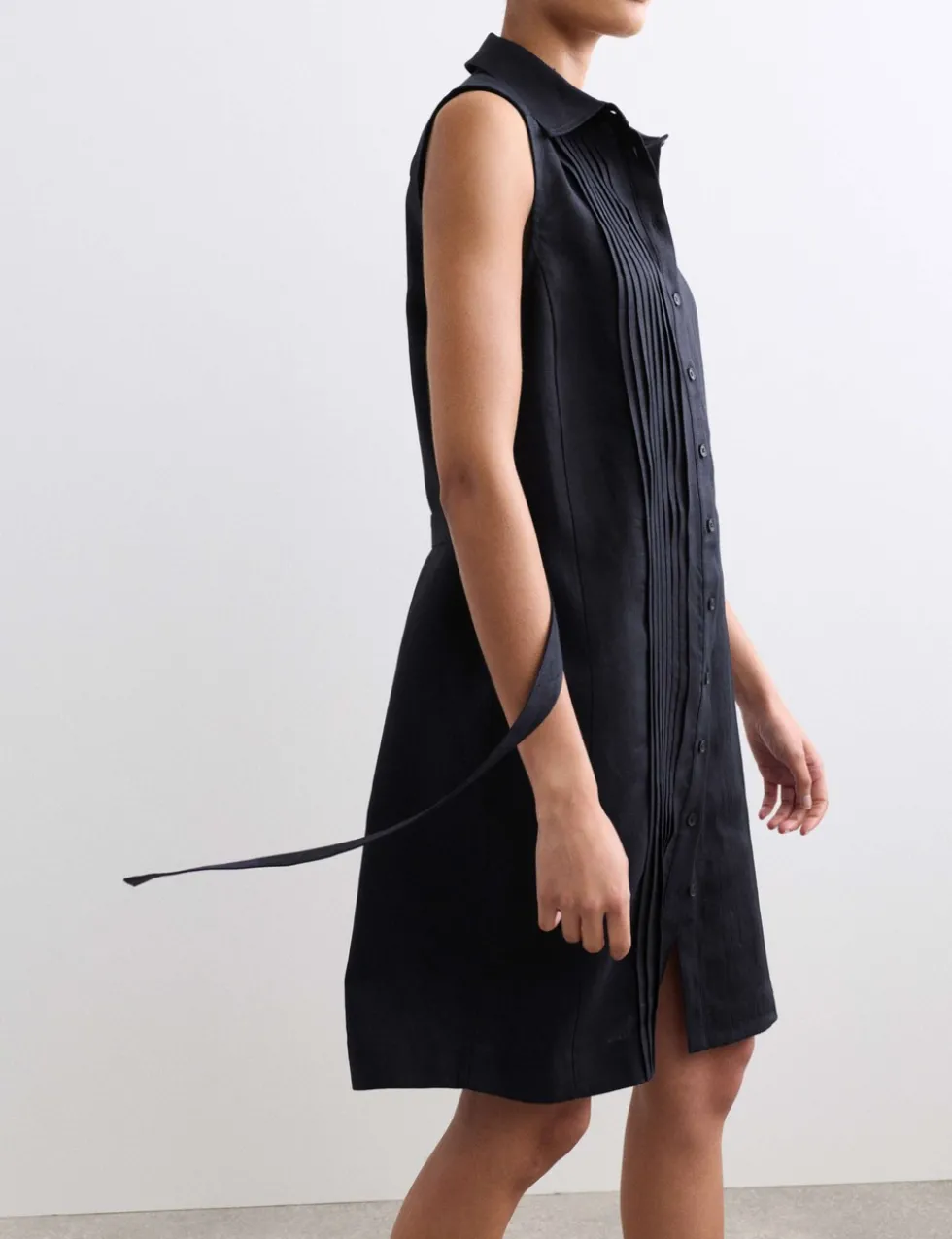 Pure Linen Pleated Knee Length Shirt Dress