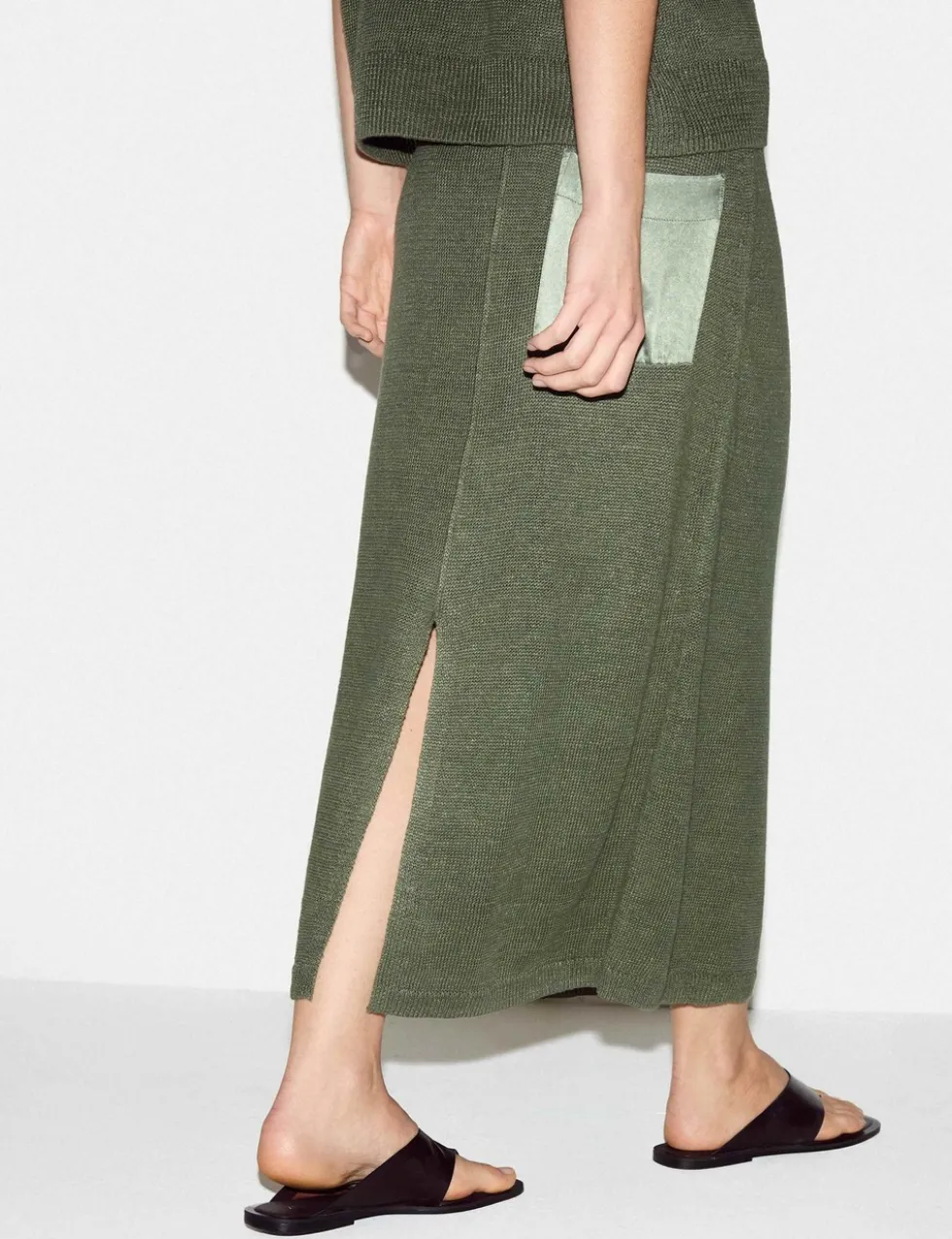 Pure Linen Pocket Detail Midi Pencil Skirt