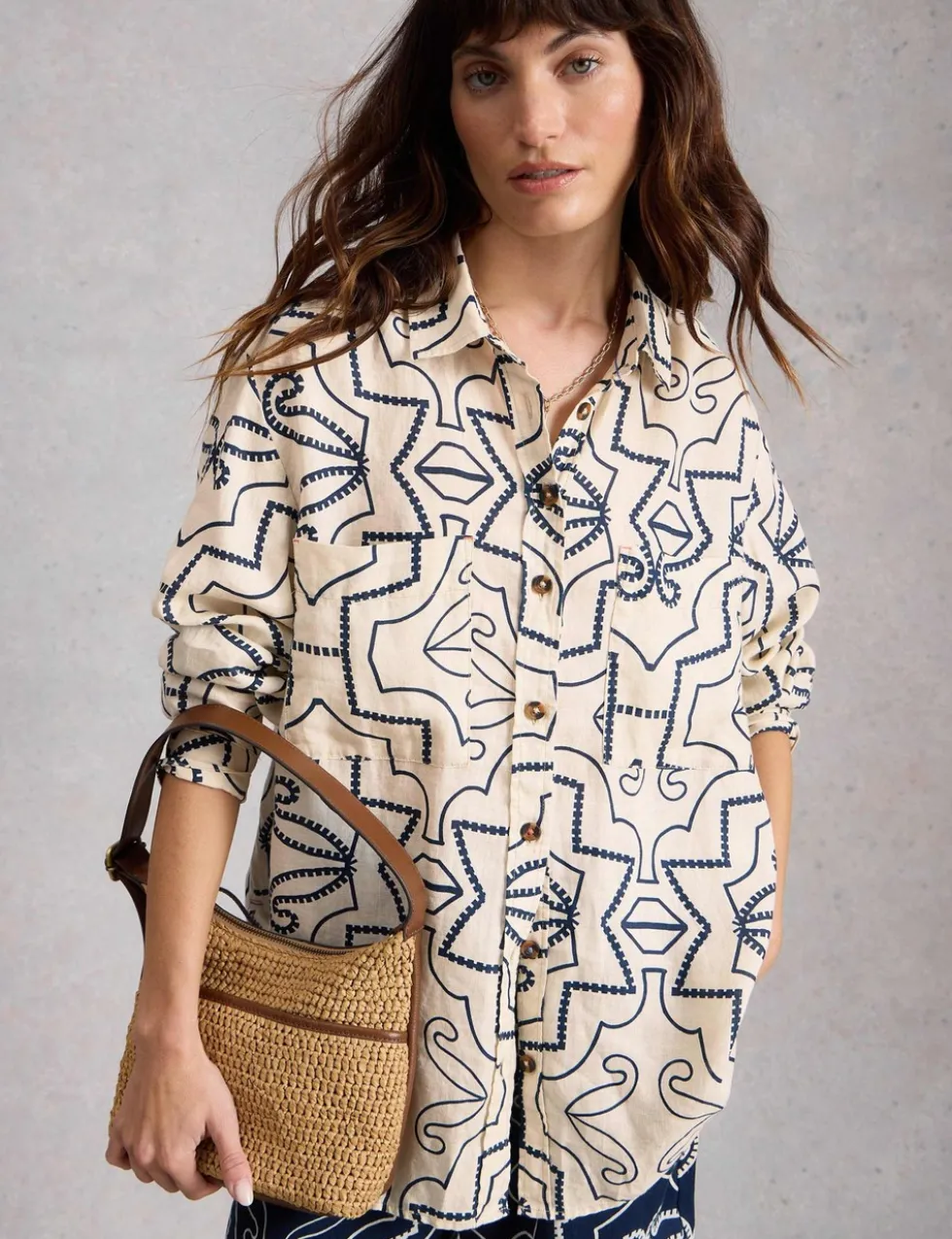 Pure Linen Printed Button Through Shirt
