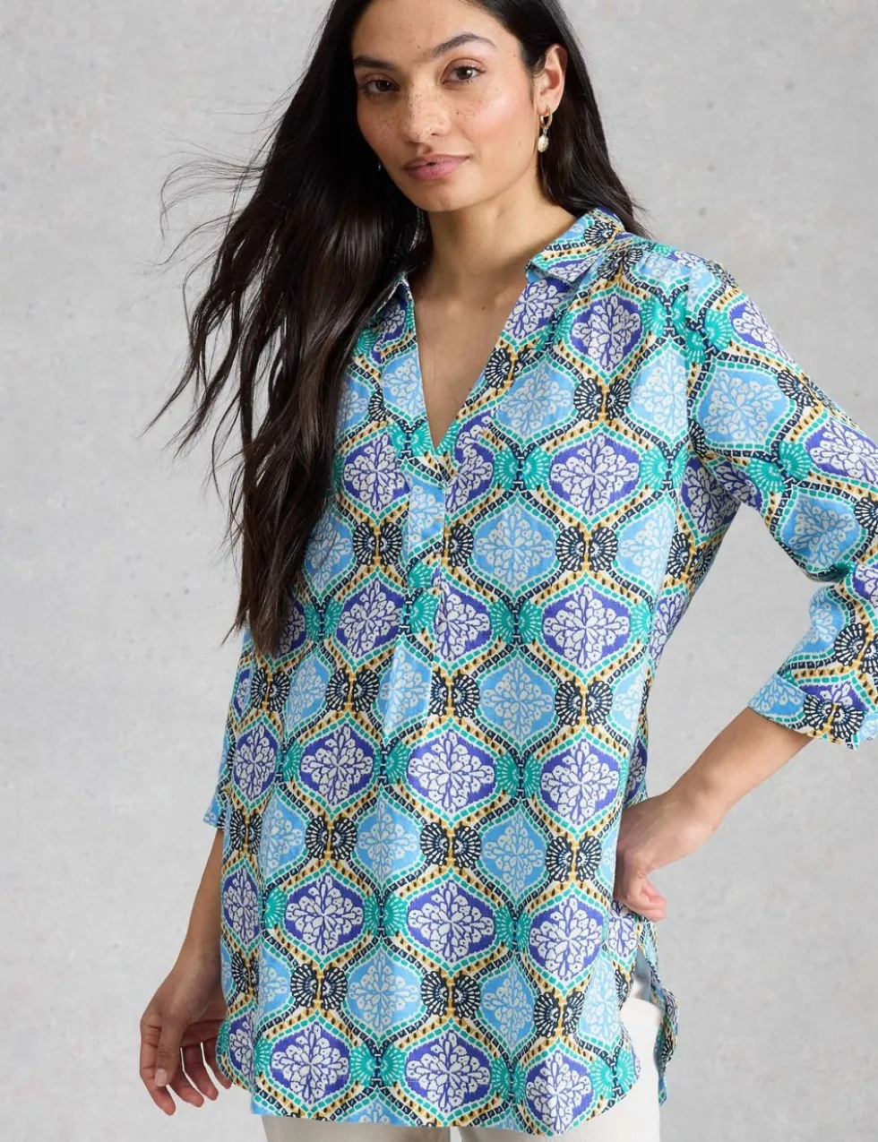 Pure Linen Printed Collared Tunic