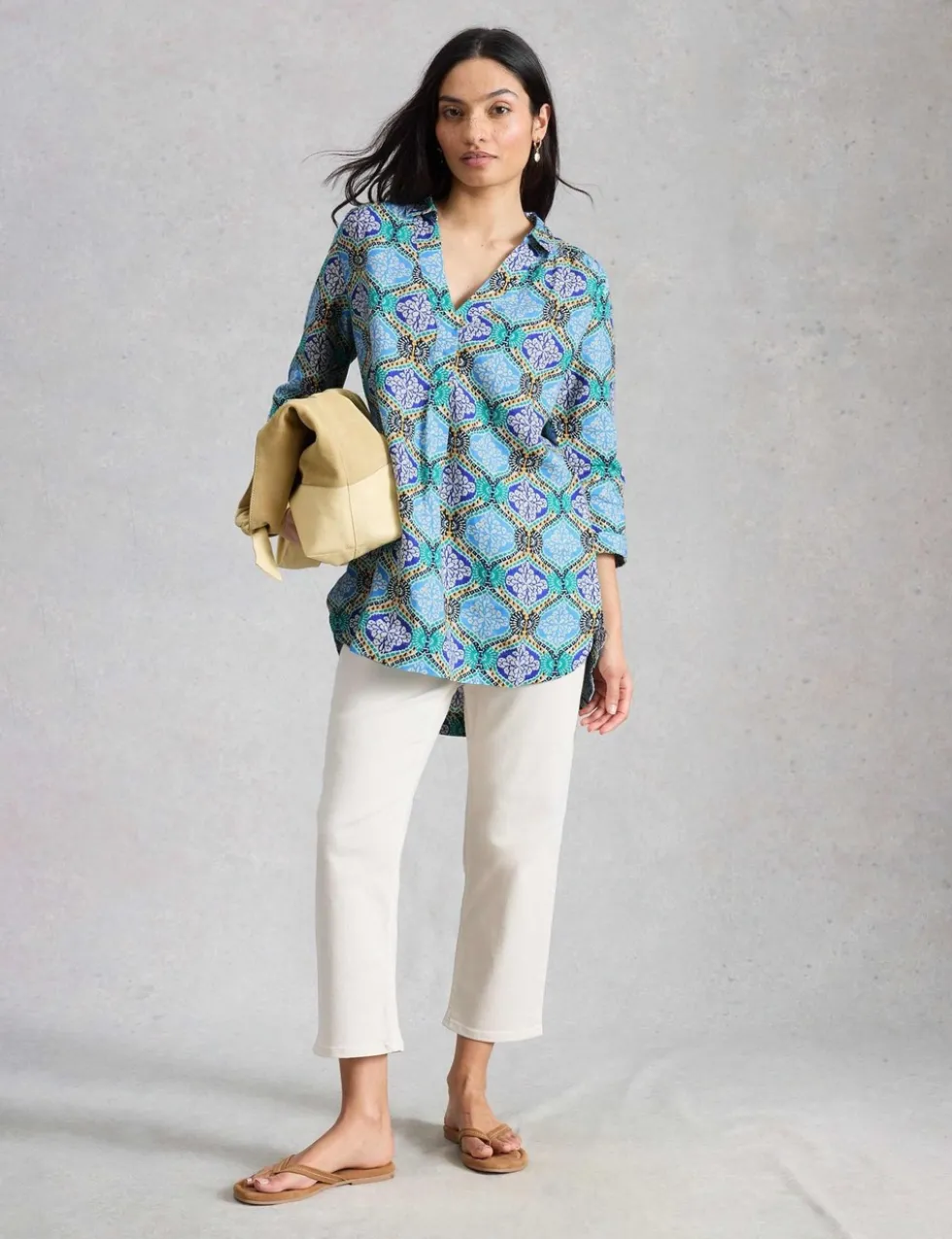 Pure Linen Printed Collared Tunic