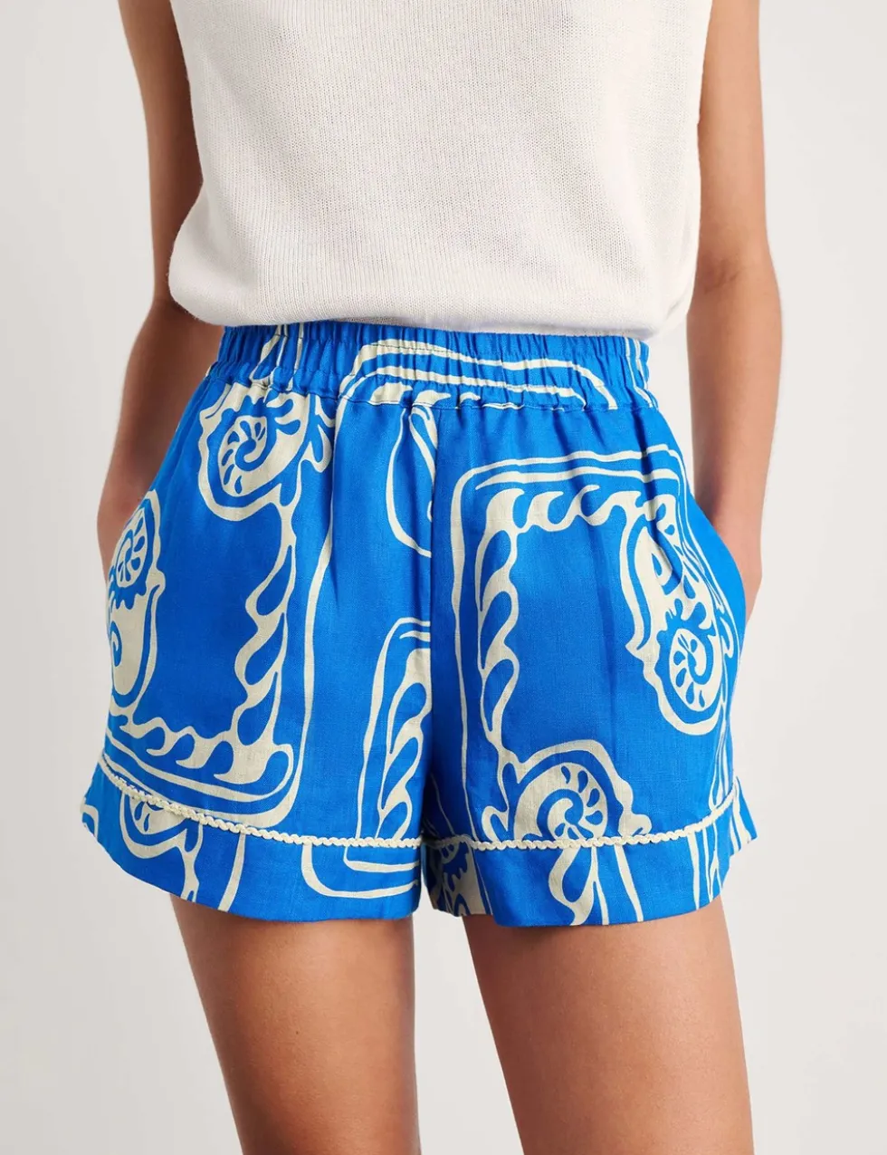 Pure Linen Printed High Waisted Shorts