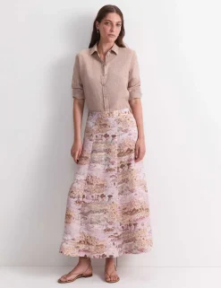 Pure Linen Printed Maxi A-Line Skirt