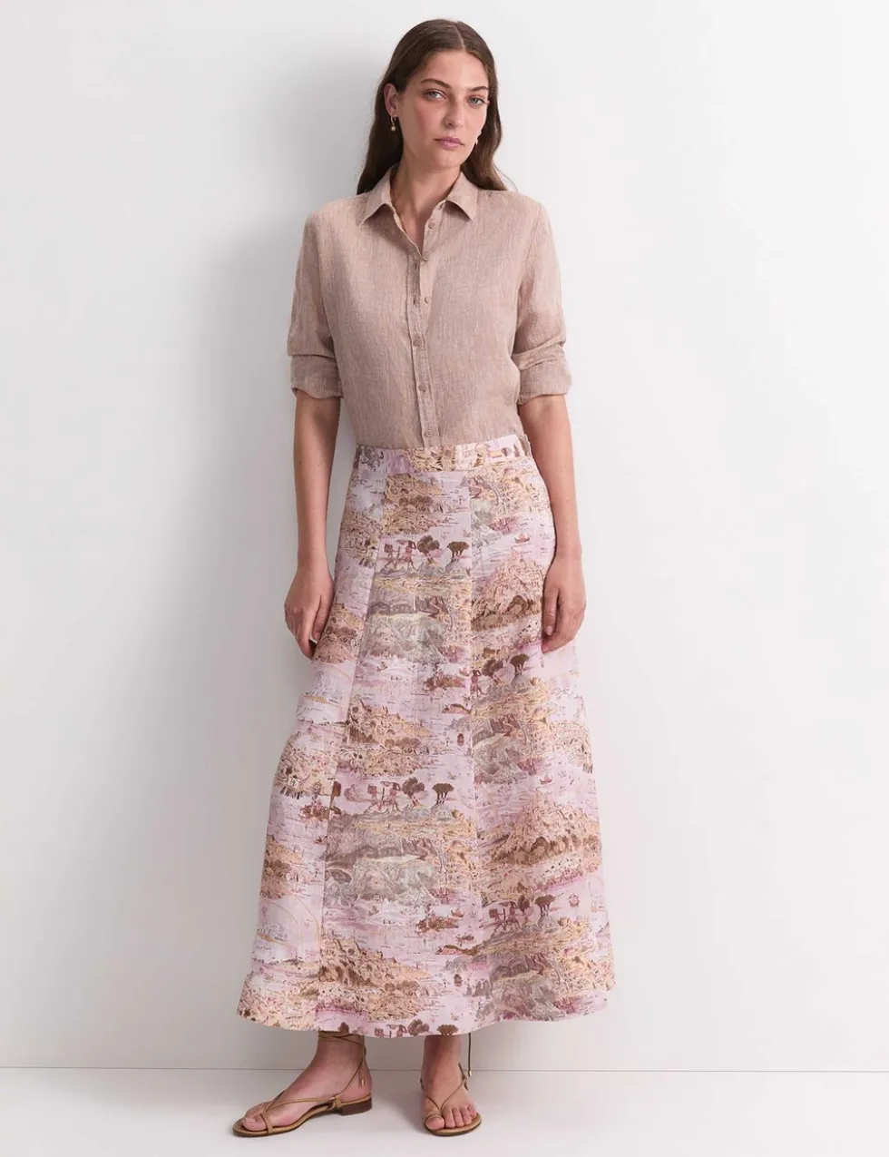 Pure Linen Printed Maxi A-Line Skirt