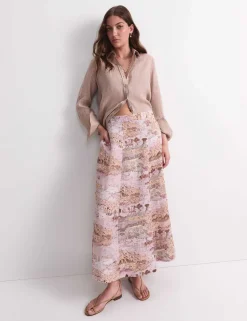 Pure Linen Printed Maxi A-Line Skirt
