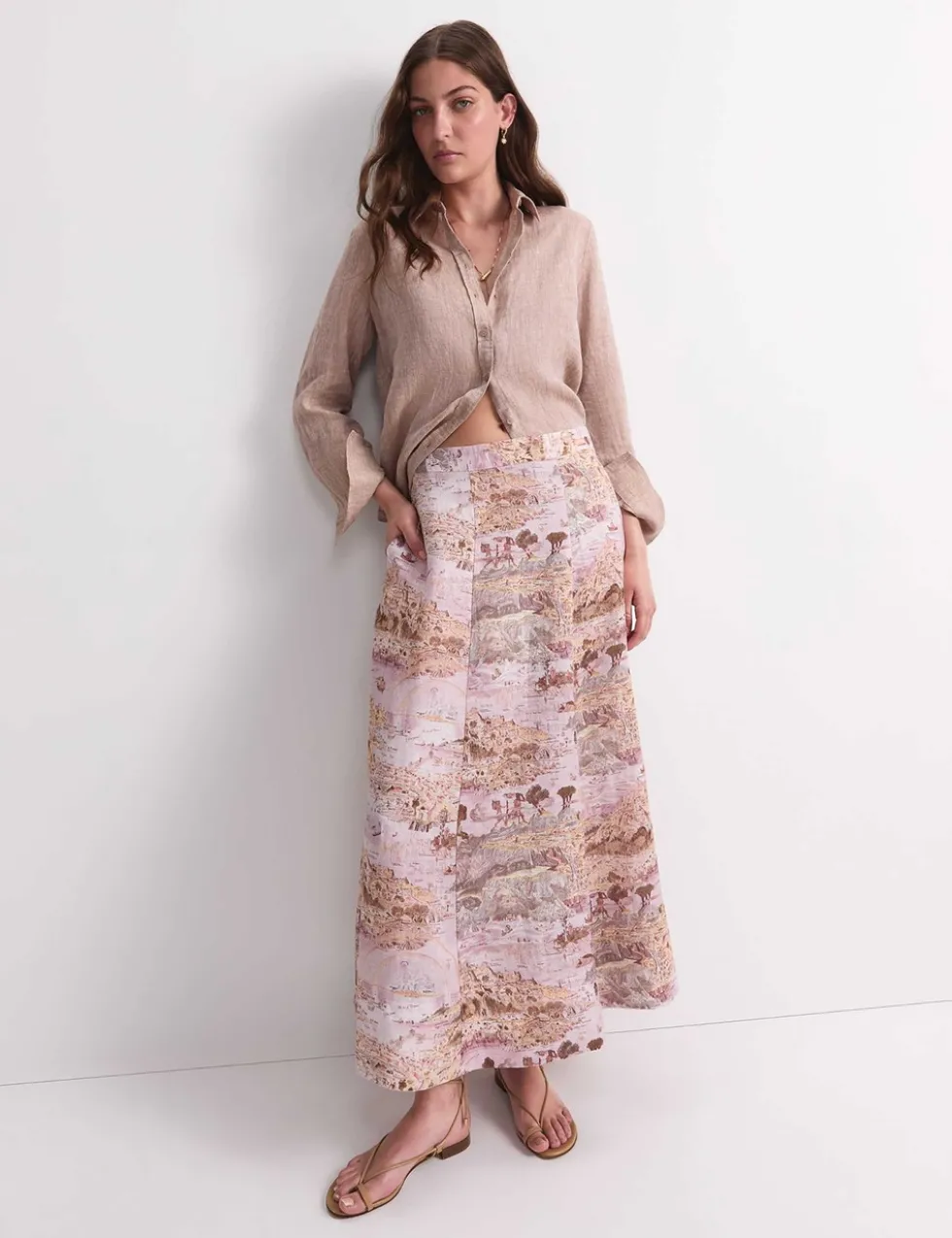 Pure Linen Printed Maxi A-Line Skirt