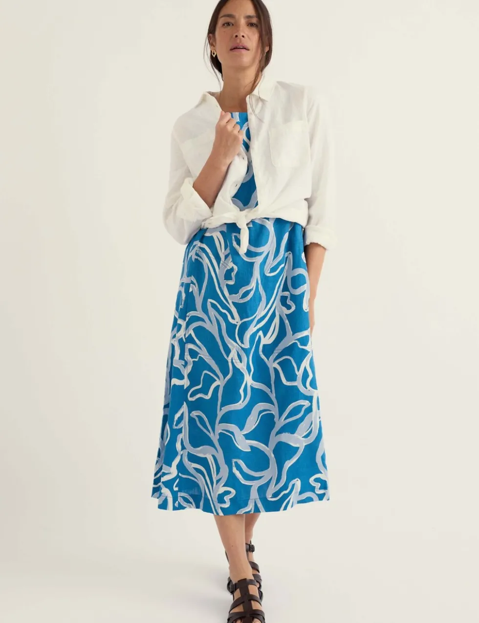 Pure Linen Printed Midi Skater Dress