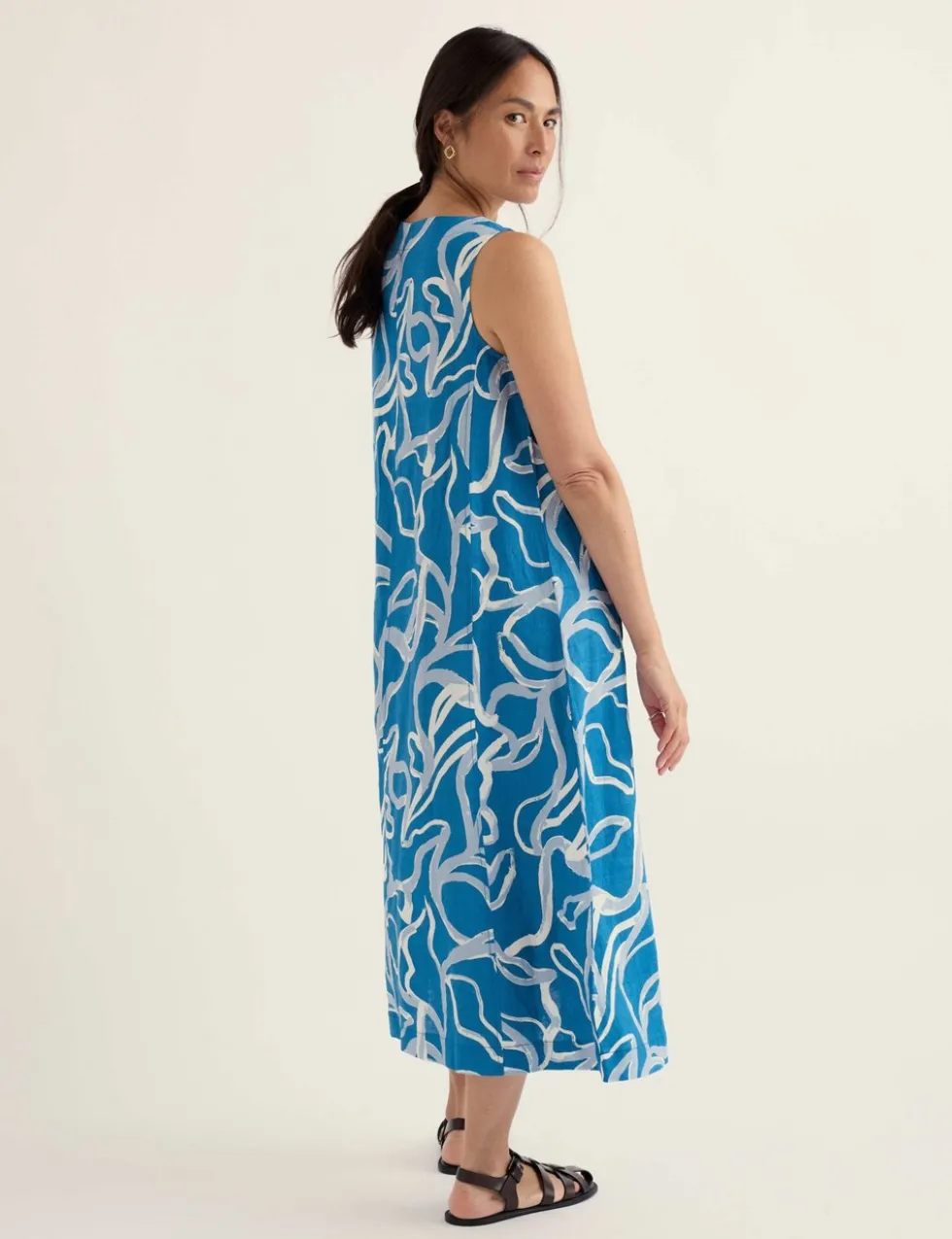 Pure Linen Printed Midi Skater Dress