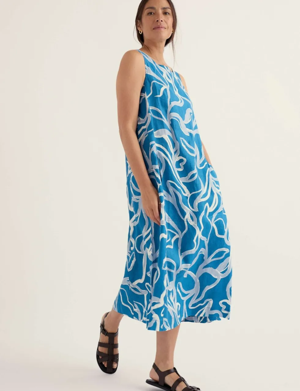 Pure Linen Printed Midi Skater Dress