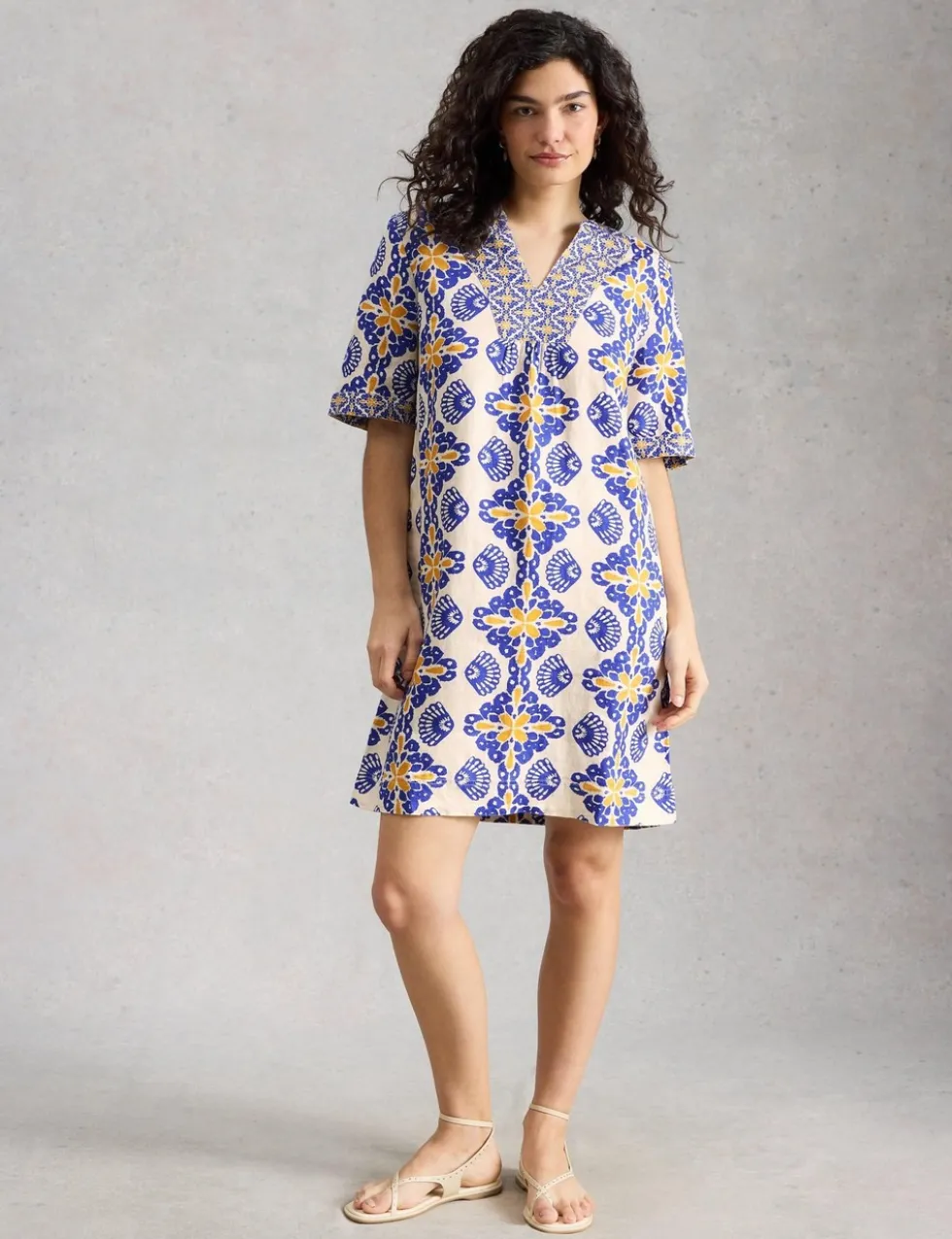 Pure Linen Printed Mini Shift Dress