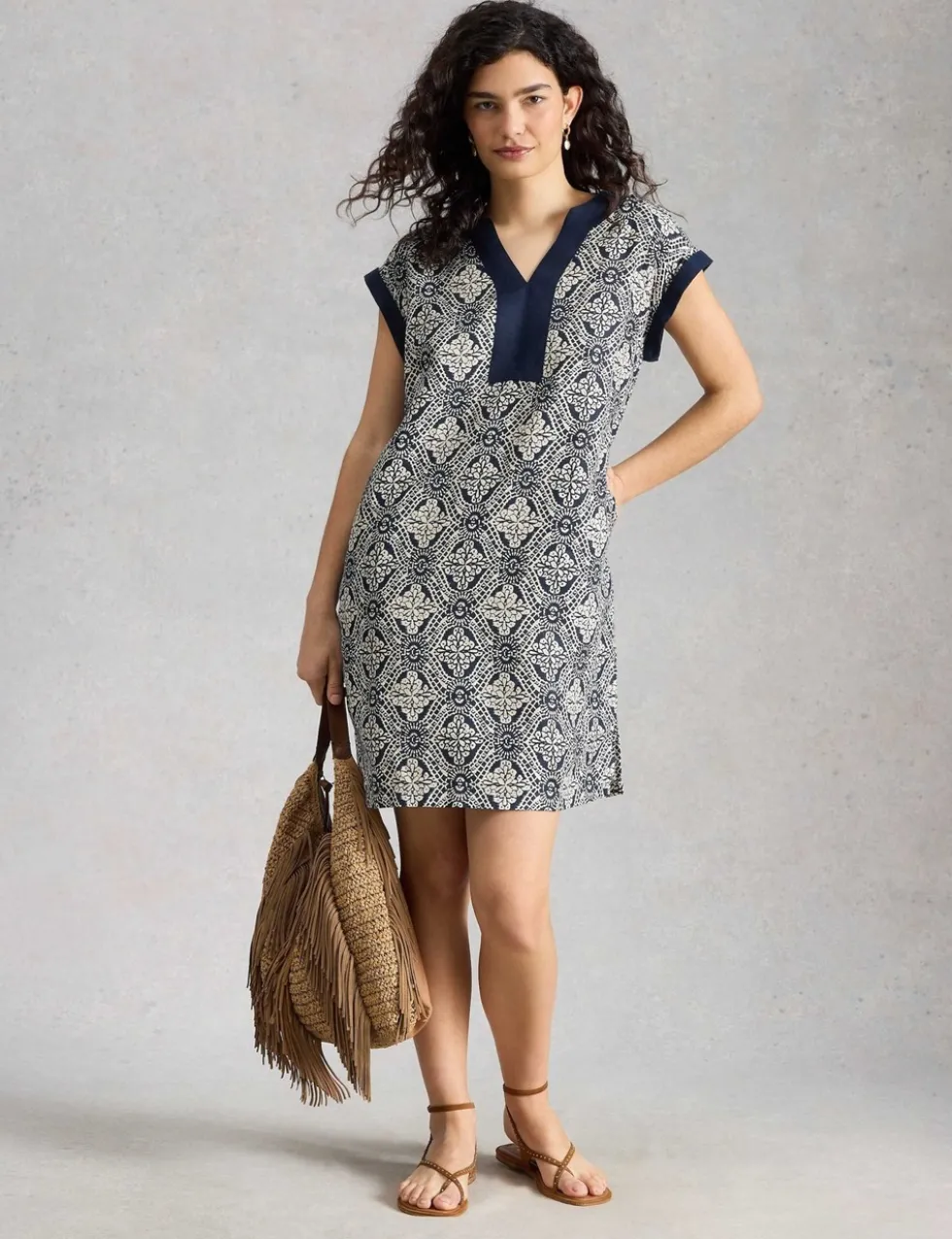 Pure Linen Printed Mini Shift Dress