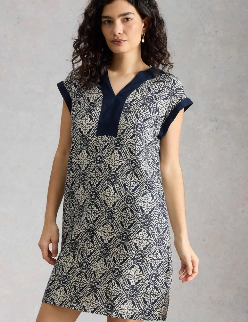 Pure Linen Printed Mini Shift Dress