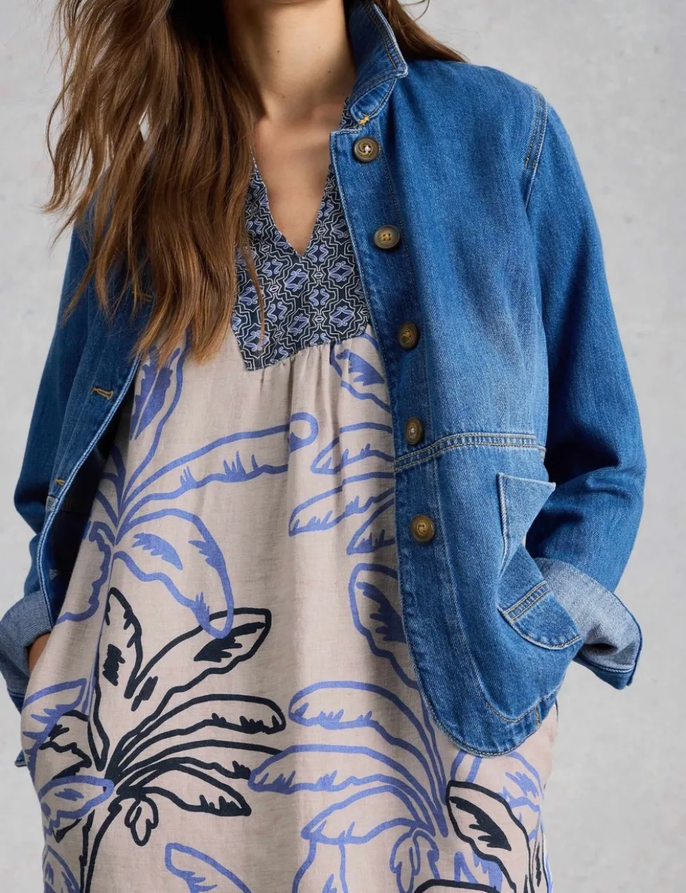 Pure Linen Printed Notch Neck Shift Dress
