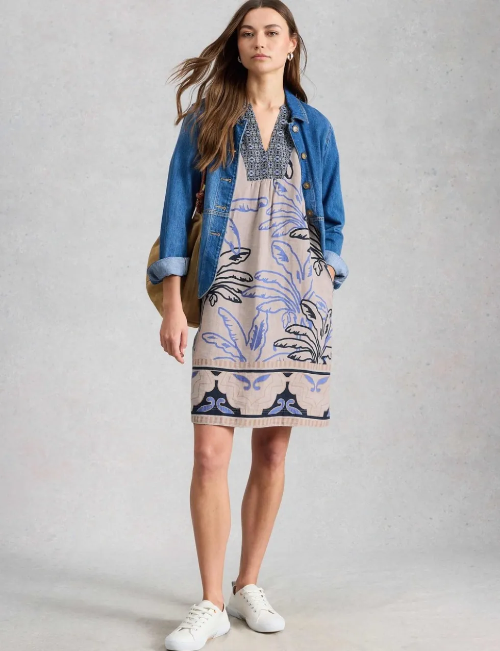 Pure Linen Printed Notch Neck Shift Dress