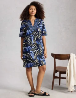Pure Linen Printed Notch Neck Shift Dress