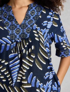 Pure Linen Printed Notch Neck Shift Dress