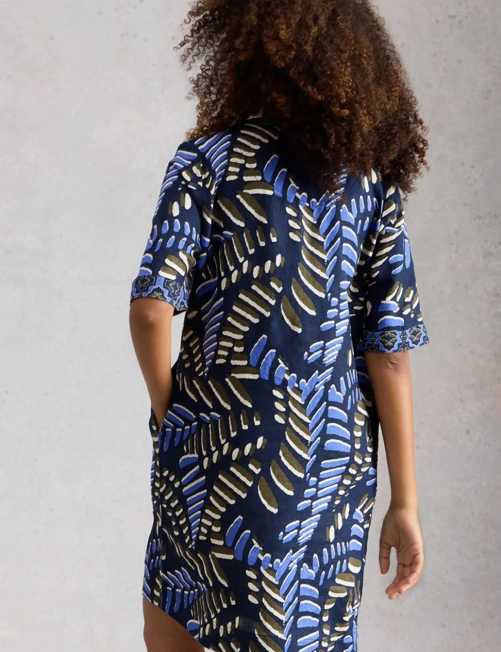 Pure Linen Printed Notch Neck Shift Dress
