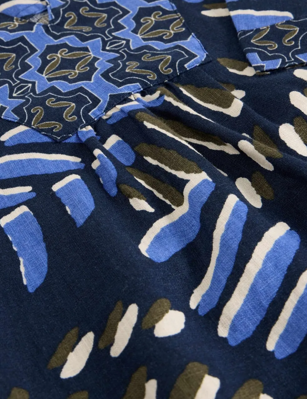 Pure Linen Printed Notch Neck Shift Dress