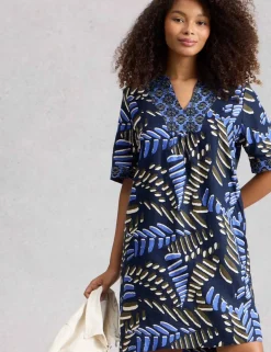 Pure Linen Printed Notch Neck Shift Dress