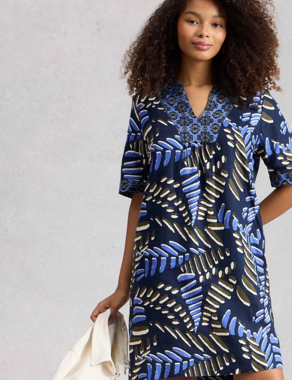 Pure Linen Printed Notch Neck Shift Dress