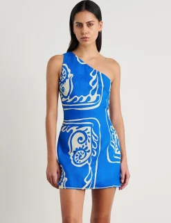 Pure Linen Printed One Shoulder Mini Dress