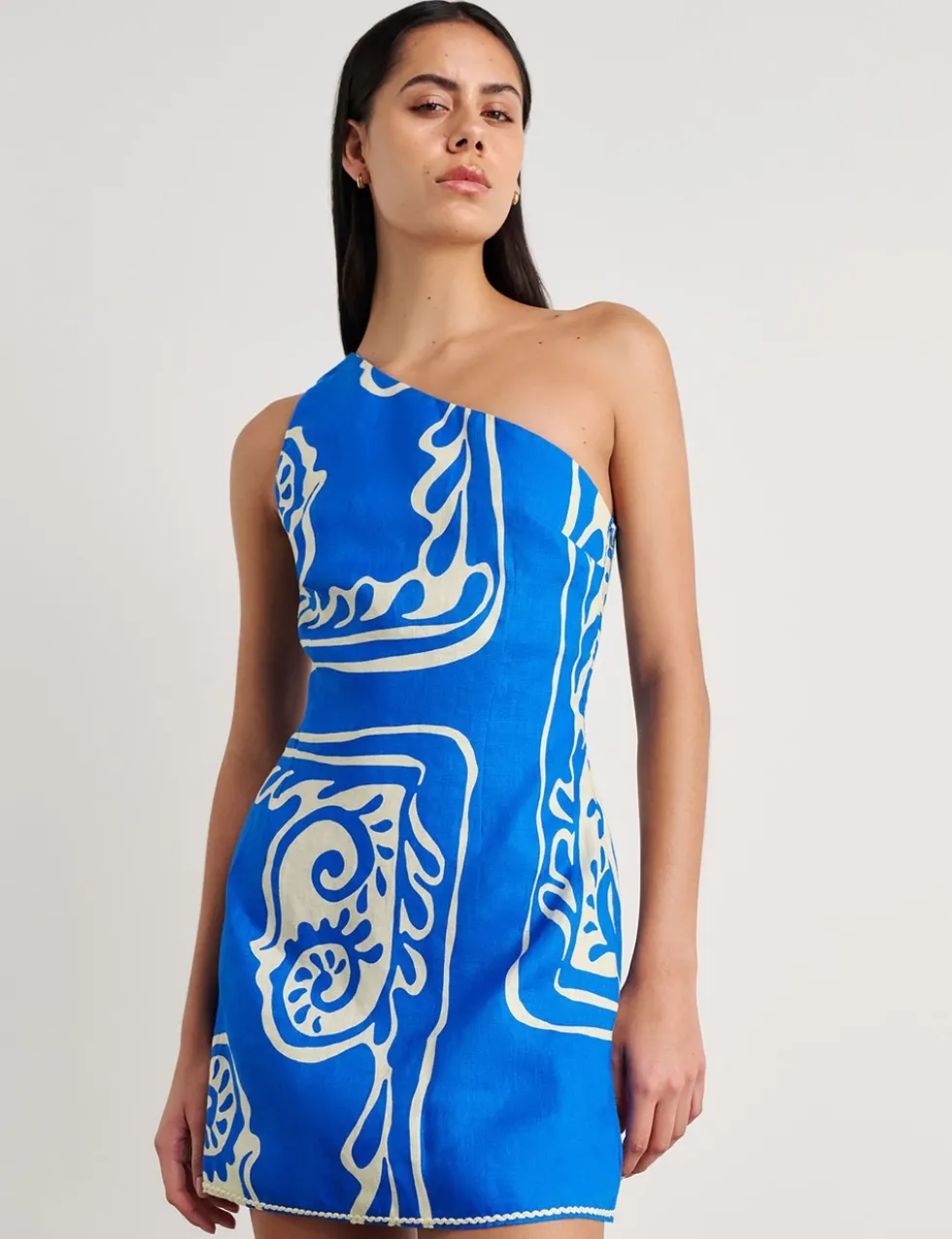 Pure Linen Printed One Shoulder Mini Dress