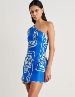 Pure Linen Printed One Shoulder Mini Dress