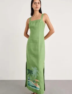 Pure Linen Printed Strappy Maxi Column Dress