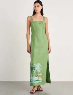 Pure Linen Printed Strappy Maxi Column Dress