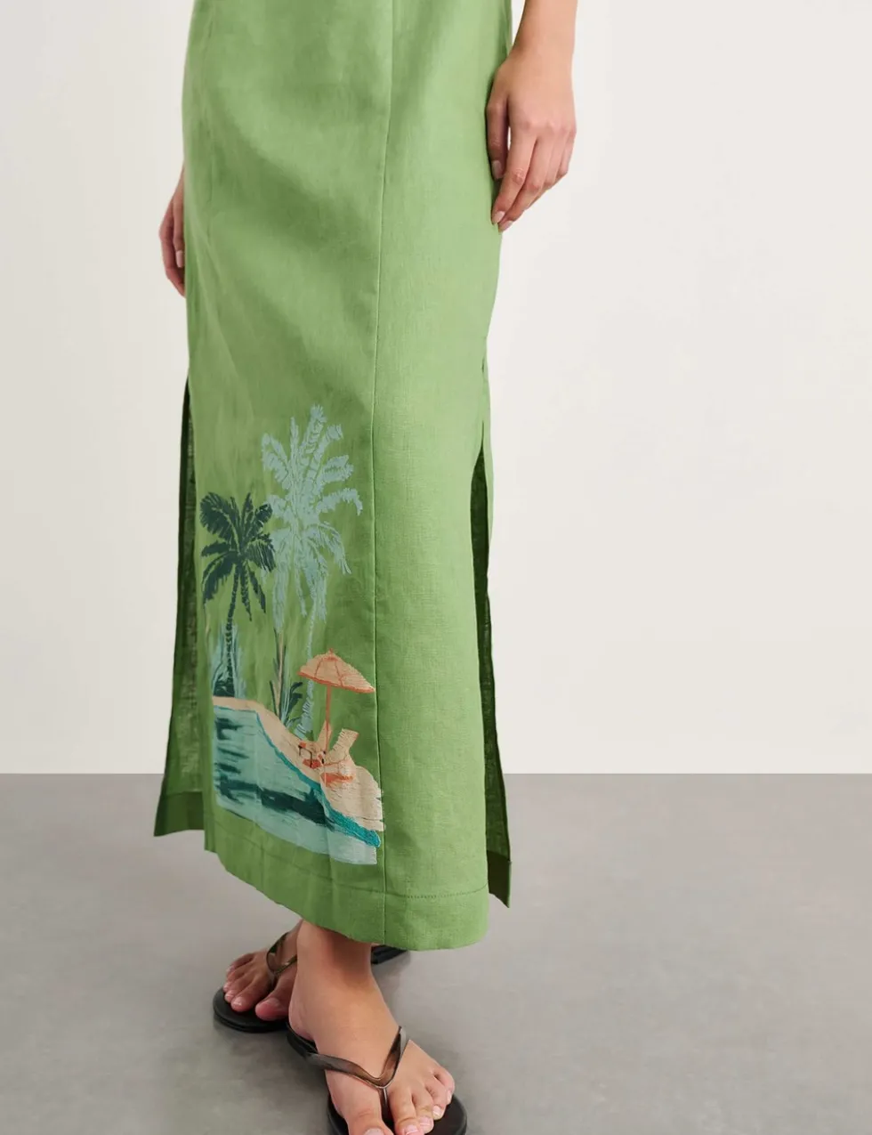Pure Linen Printed Strappy Maxi Column Dress