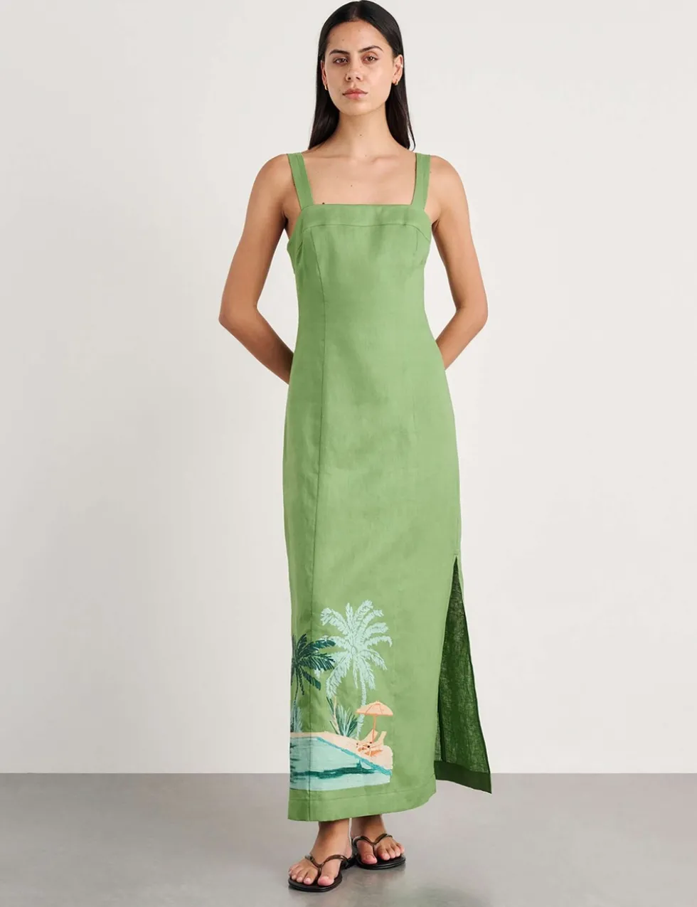 Pure Linen Printed Strappy Maxi Column Dress