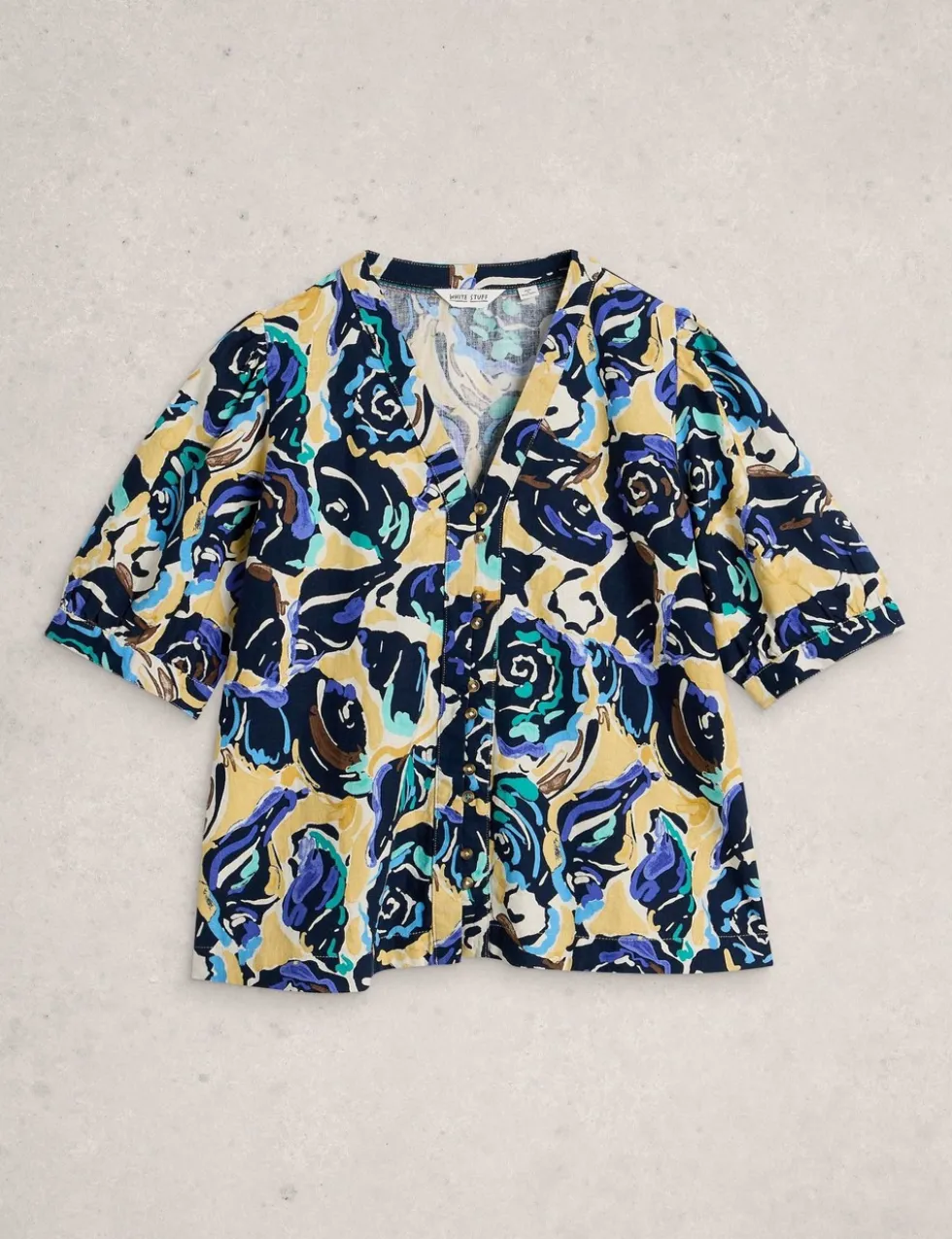 Pure Linen Printed V-Neck Top