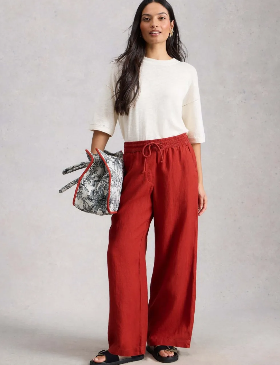 Pure Linen Printed Wide Leg Trousers