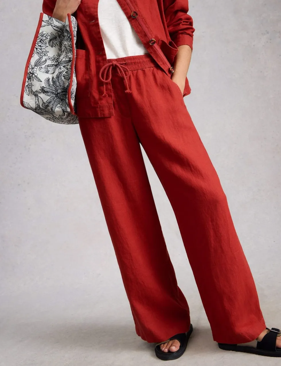 Pure Linen Printed Wide Leg Trousers