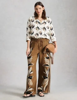 Pure Linen Printed Wide Leg Trousers