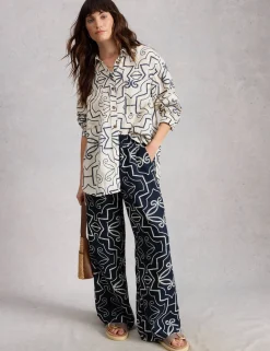 Pure Linen Printed Wide Leg Trousers