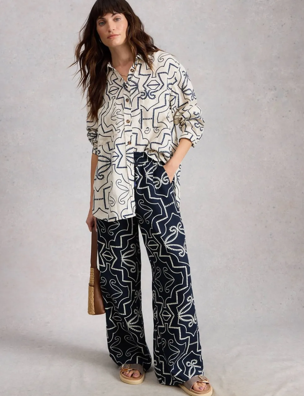 Pure Linen Printed Wide Leg Trousers
