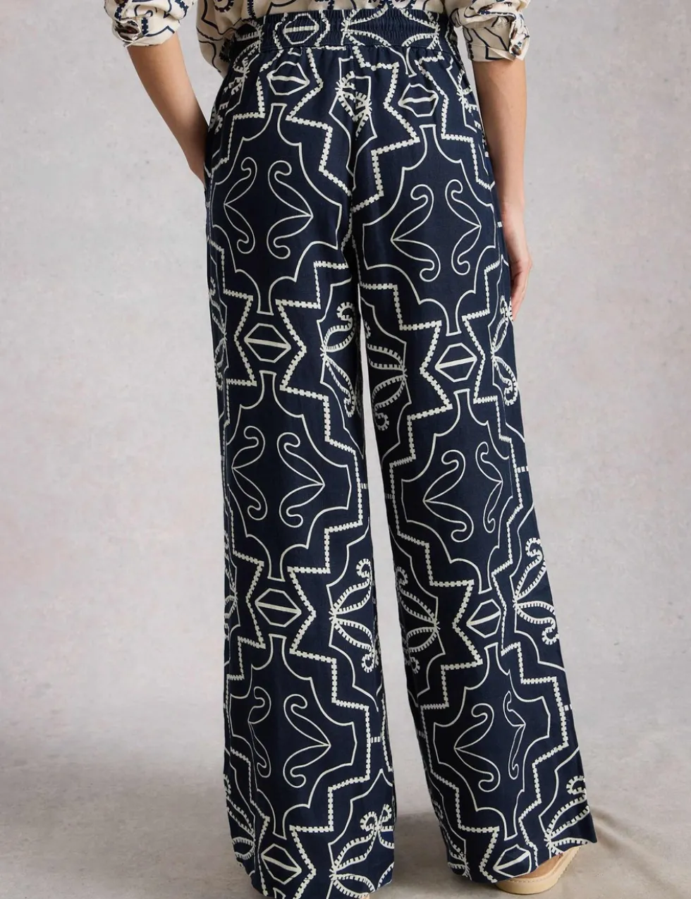 Pure Linen Printed Wide Leg Trousers