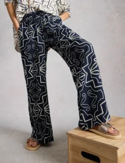 Pure Linen Printed Wide Leg Trousers