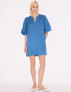 Pure Linen Puff Sleeve Mini Shift Dress