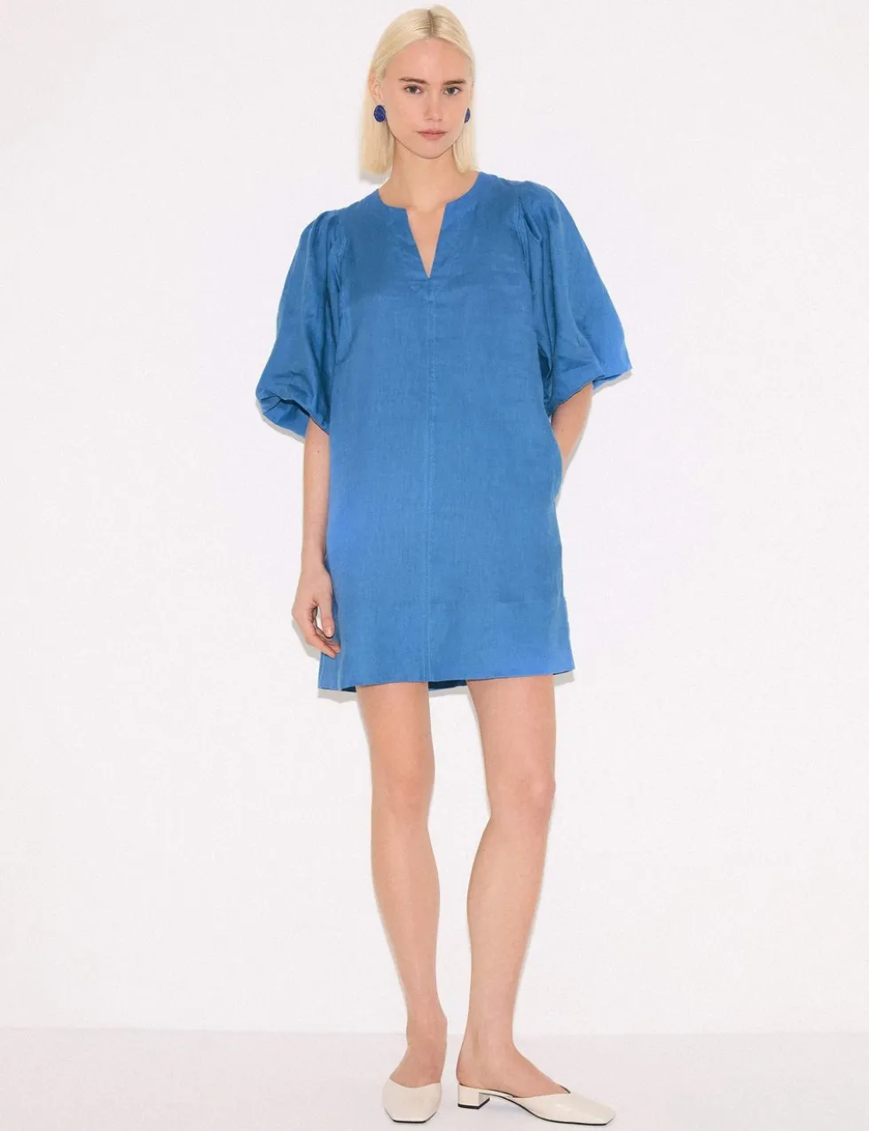 Pure Linen Puff Sleeve Mini Shift Dress