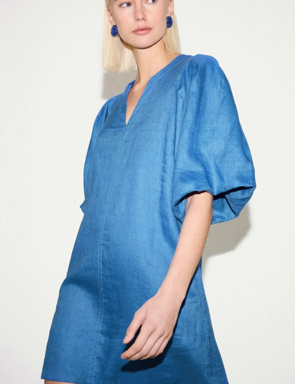 Pure Linen Puff Sleeve Mini Shift Dress