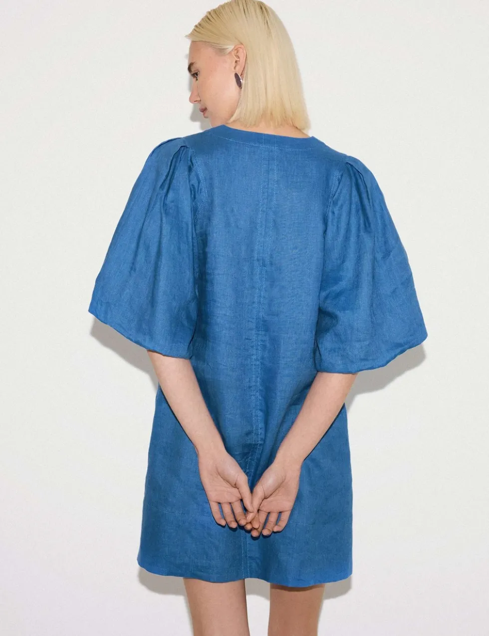 Pure Linen Puff Sleeve Mini Shift Dress