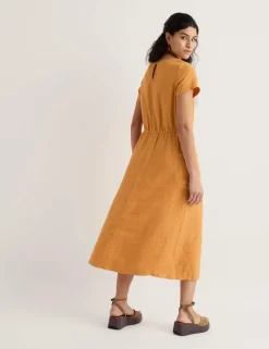 Pure Linen Round Neck Midi Waisted Dress