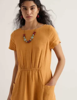 Pure Linen Round Neck Midi Waisted Dress
