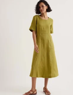 Pure Linen Round Neck Midi Waisted Dress